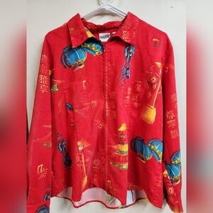 Chico’s Red Asian Inspired Print Jacket Blouse Lantern Graphic Statement Top